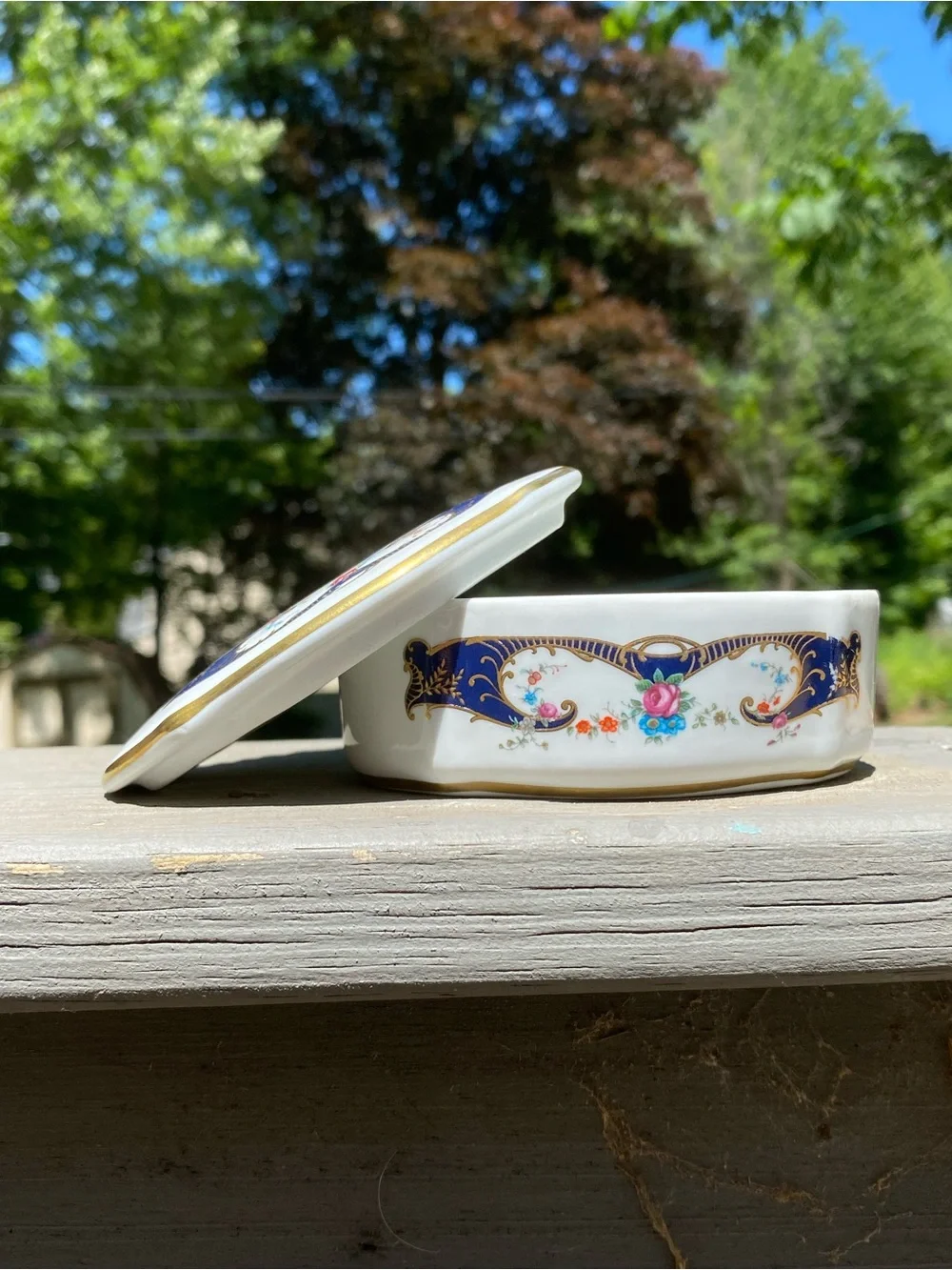 Vintage Portugal Porcelain Trinket Dish Delicate Floral Blue Gold Design